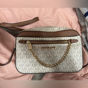 Michael Kors Tan and Cream Crossbody Bag with Gold Chain